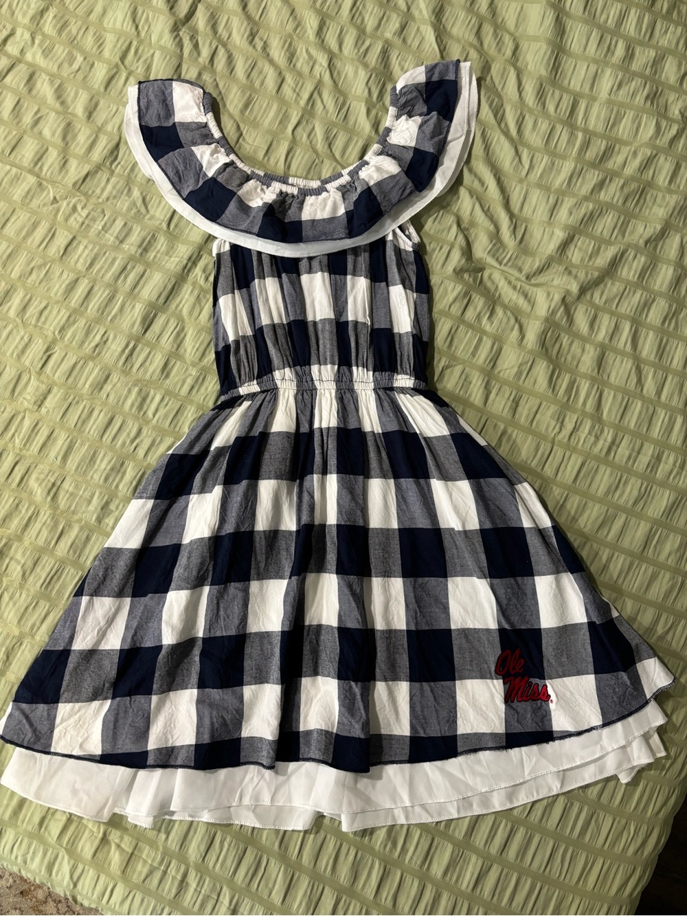 Navy and White Ole Miss Gingham Ruffle Neck Women’s Dress